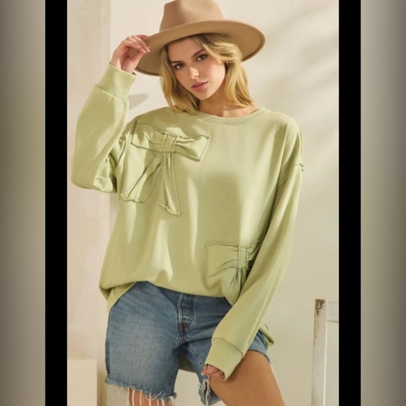 POL Tops - POL Sage Green Whimsy Distressed Bohemian Bow Detail Sweatshirt NWT